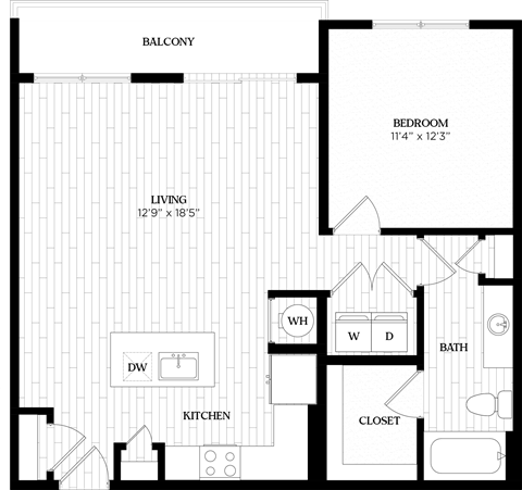 Floor plan for 1 bed, 1 bath, 844 sqft